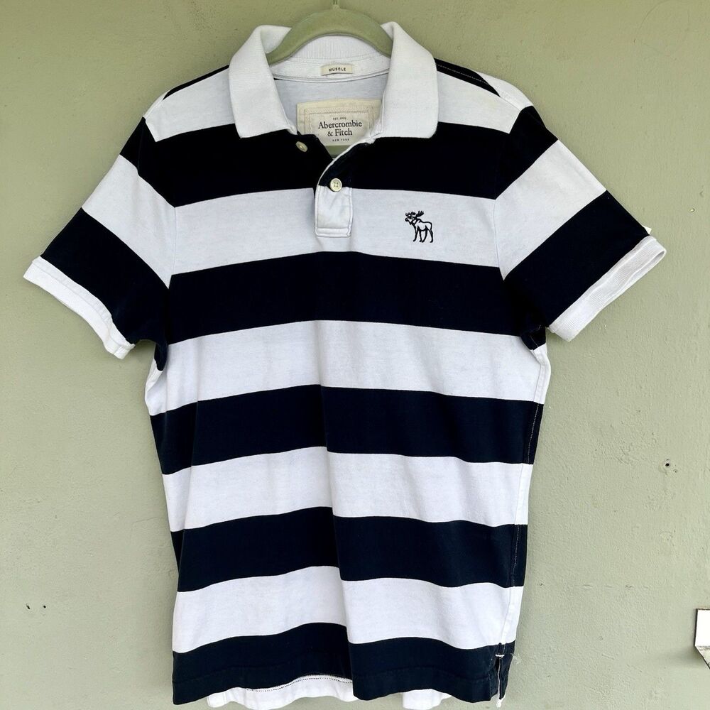 VTG Abercrombie & Fitch Polo Sz XXL Fits L Blue White Stripe Muscle Moose Preppy